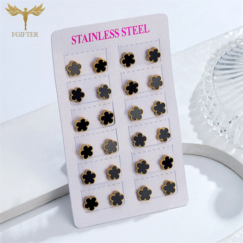 12 Paar Kleeblatt-Ohrringe für Damen, goldfarben, Edelstahl, hypoallergen, Kleeblatt-Ohrstecker-Set, Großpackung für den Wiederverkauf Image
