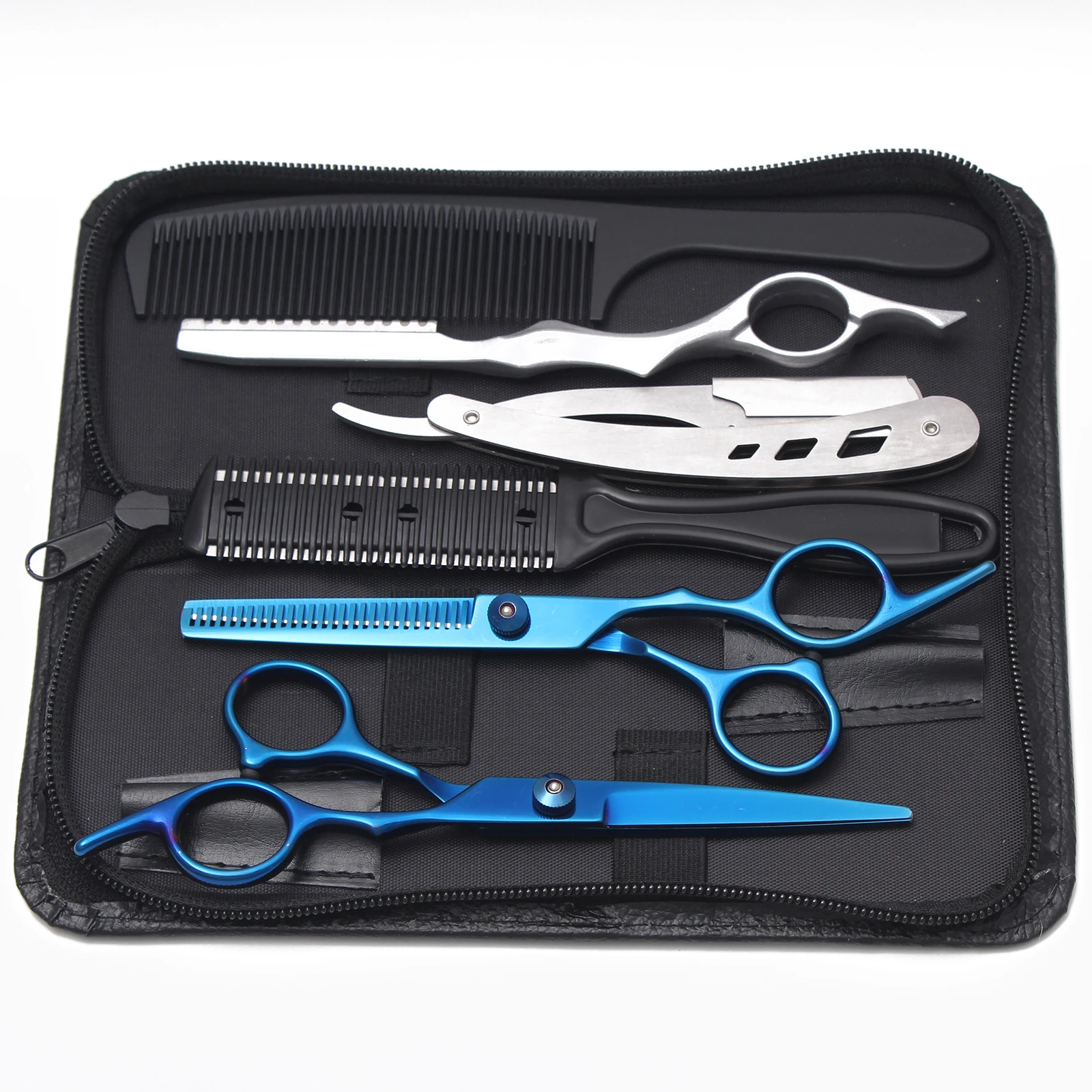 Friseurschere Blau Japan Edelstahl Haarschere Salon-Schneideschere Friseursalon Ausdünnungsschere Kamm Rasiermesser C1001 Image