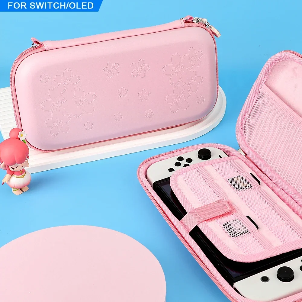 Tragbare Tragetasche mit rosa Kirschblüten-Motiv für Switch OLED, wasserdichte PU-Tasche, Aufbewahrungsbox für Switch
