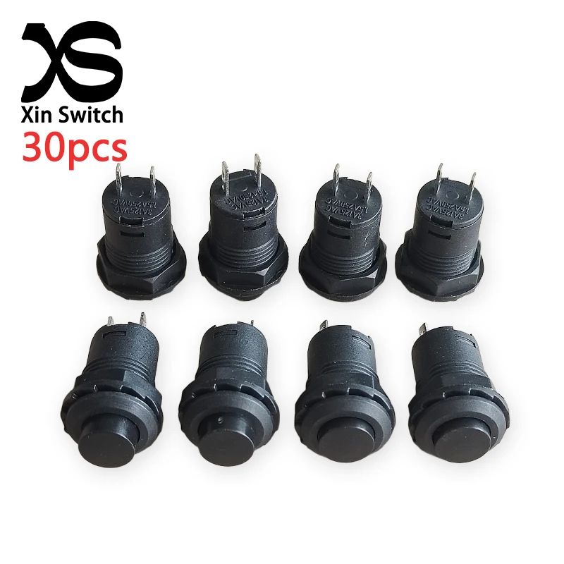 30 Stück DS-428 selbstsichernder (Halten) Netzschalter, schwarzer Kunststoff, 2-polig, 12 mm Lochöffnung, 1,5 A/250 VAC, 3 A/125 VAC, Druckschalter Image