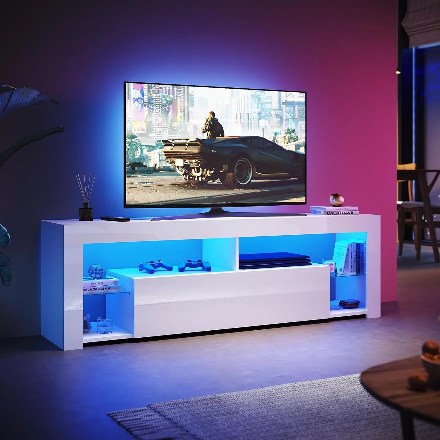 Weißer Hochglanz-LED-TV-Ständer 160cm 16-Farben-Beleuchtung Glasregal Medienkonsole Wohnzimmer 160x35x50,5cm Maßanfertigung