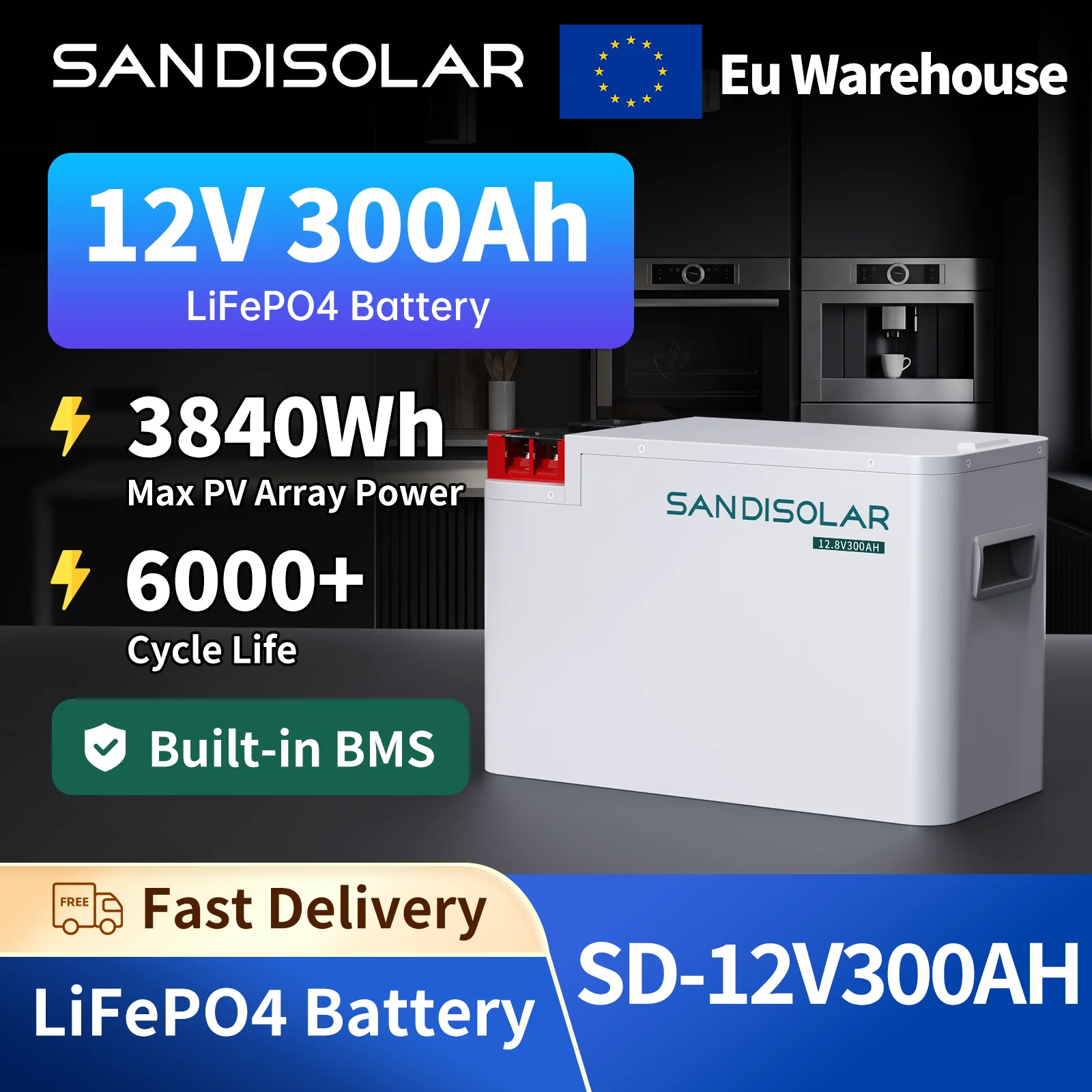 SANDISOLAR 12V 300Ah Deep Cycle LiFePO4 Batterie 3840Wh mit BMS 6000+ Zyklen Wiederaufladbarer Solar-Akkupack Image