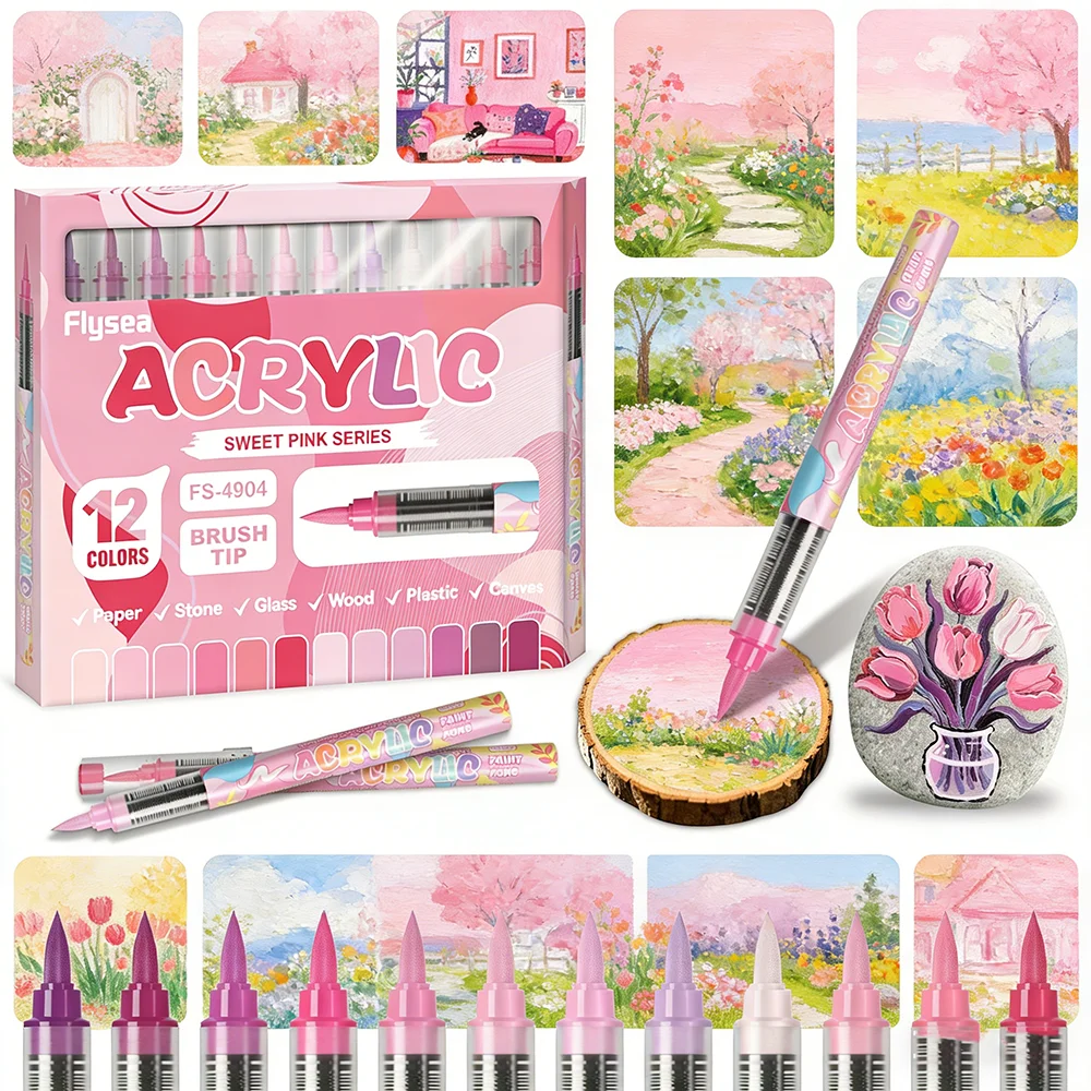 Acryl-Pinselmarker der Sweet Pink-Serie Kunstmalstifte mit flexibler Spitze für Malbücher für Erwachsene Felsmalerei Leinwand-Keramikglas Image