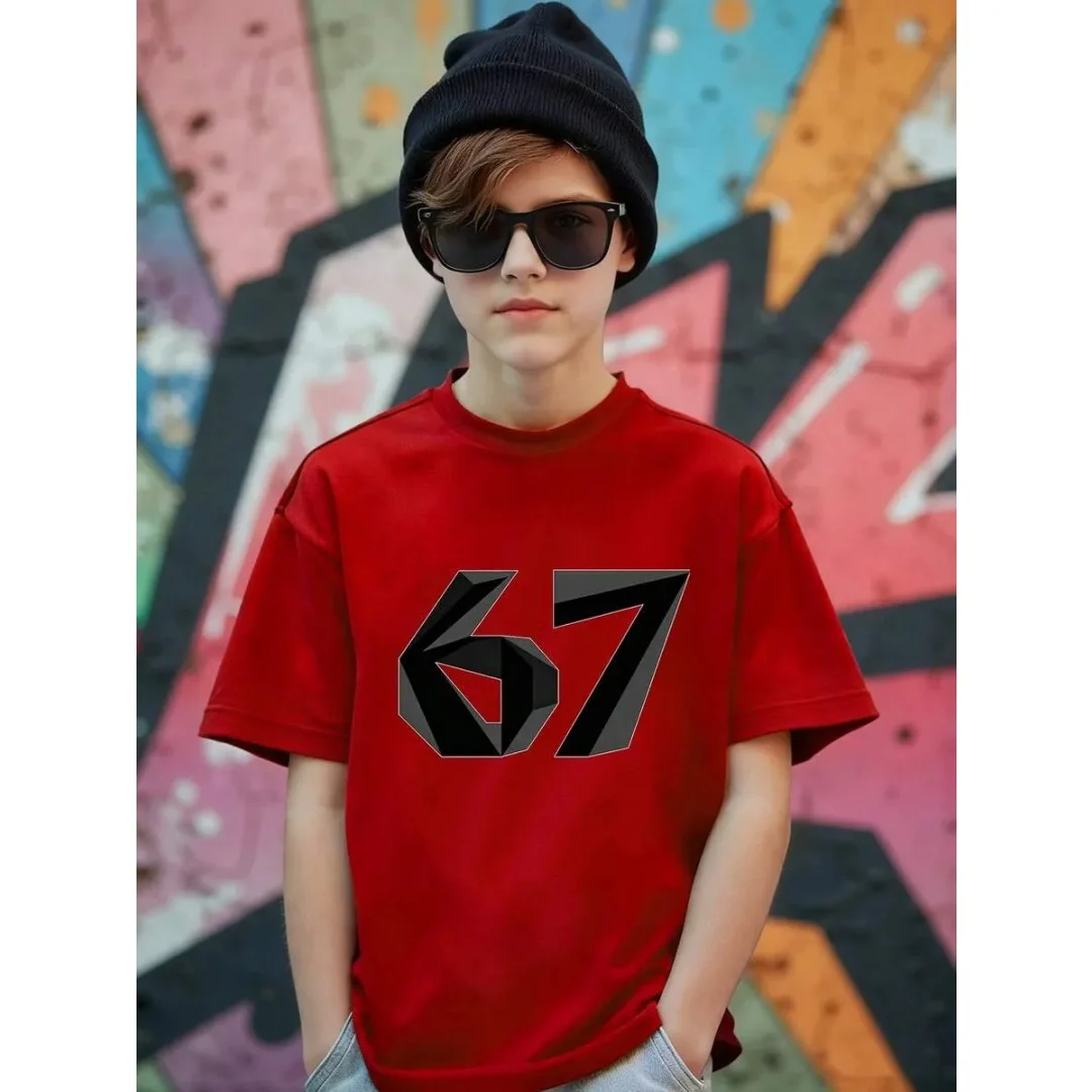 Modisches, minimalistisches T-Shirt mit Nummer 67-Aufdruck für Kinder, Sommer-Vintage-T-Shirts, Rundhalsausschnitt, Hippie-T-Shirts, lockere Freizeitkleidung