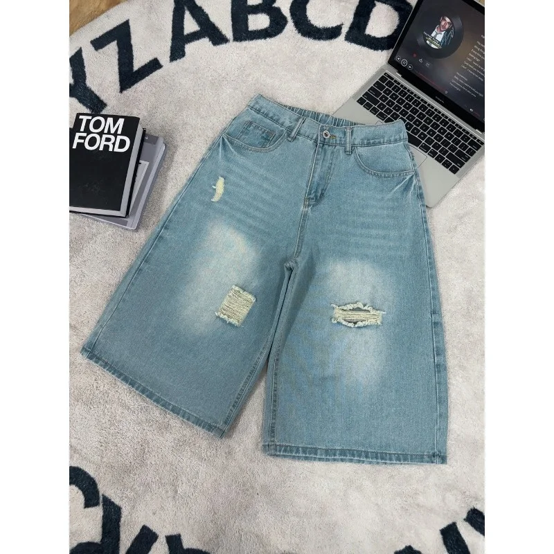 Herren American High Street Ripped Jeans Loose Wide Leg Seven-Point Denim Shorts Sommer Vintage Casual Hosen Image