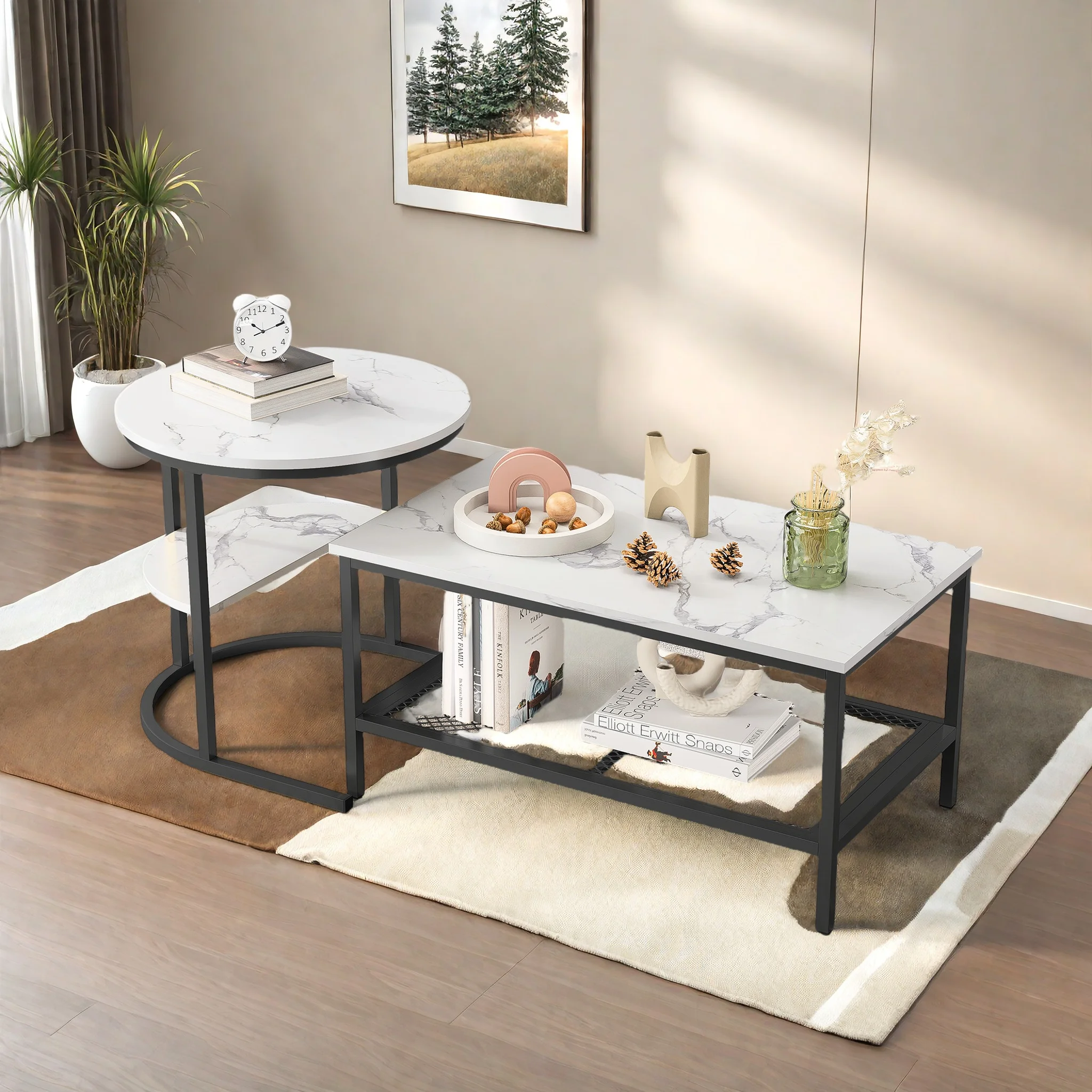 Comanlia 2-in-1, Moderner Beistelltisch, Couchtisch, Marmoroptik mit Metallgestell und Ablage, Schwarz Image