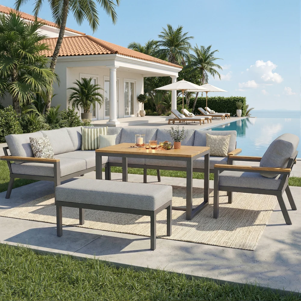 8-Sitzer L-förmiges Outdoor-Gartensofa-Set aus Eisen mit gepolsterten Lounge-Möbeln, Tisch, Sessel und Bank für jedes Wetter