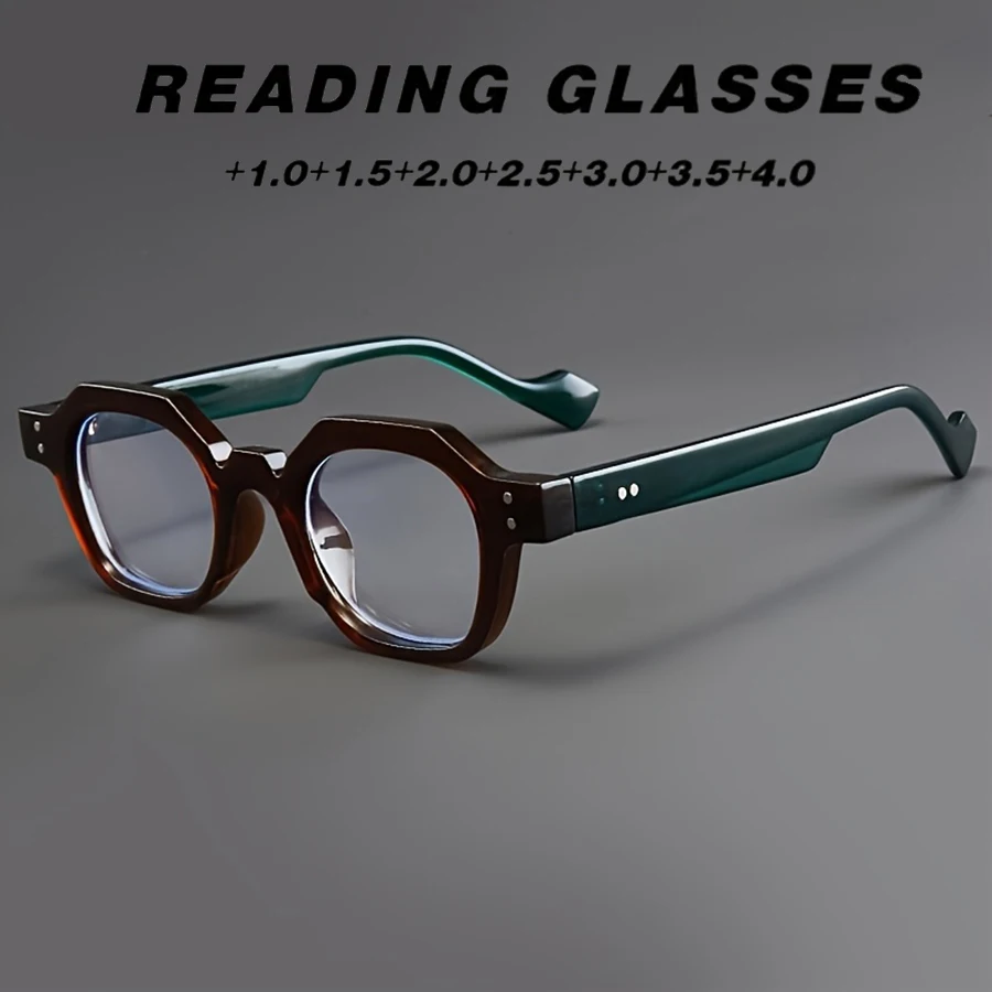 Retro-geometrische Lesebrille +1,00 – zweifarbiger Rahmen in Braun und Grün, CE-zertifiziert, leichte modische Brille für Damen und Herren Image