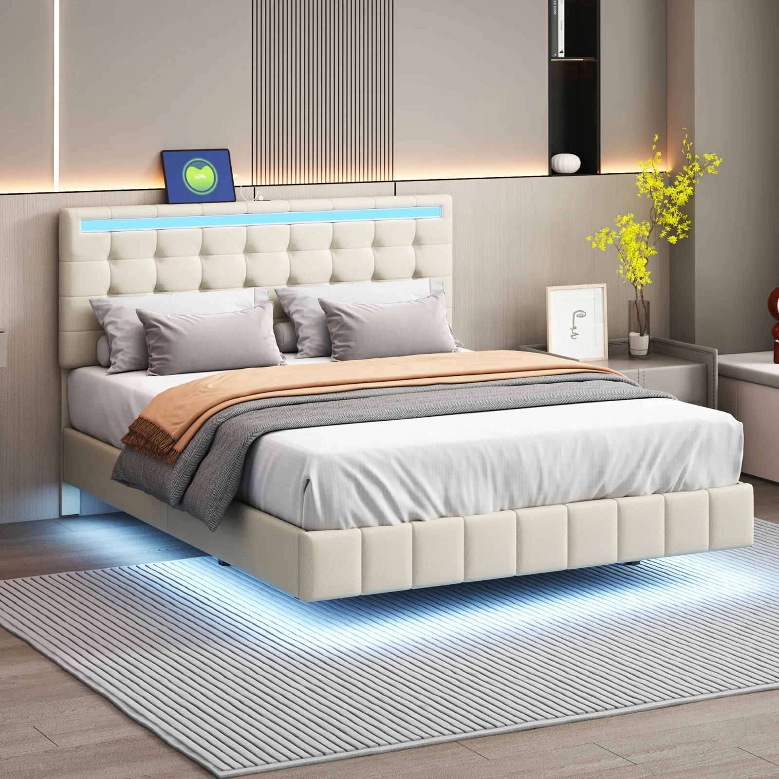 Anajqaqia 140/160×200 cm großes Doppelbett, Erwachsenenbett, multifunktionales Bett, höhenverstellbar, mit USB-Ladefunktion und LED-Licht, Bett mit Leinenbezug Image