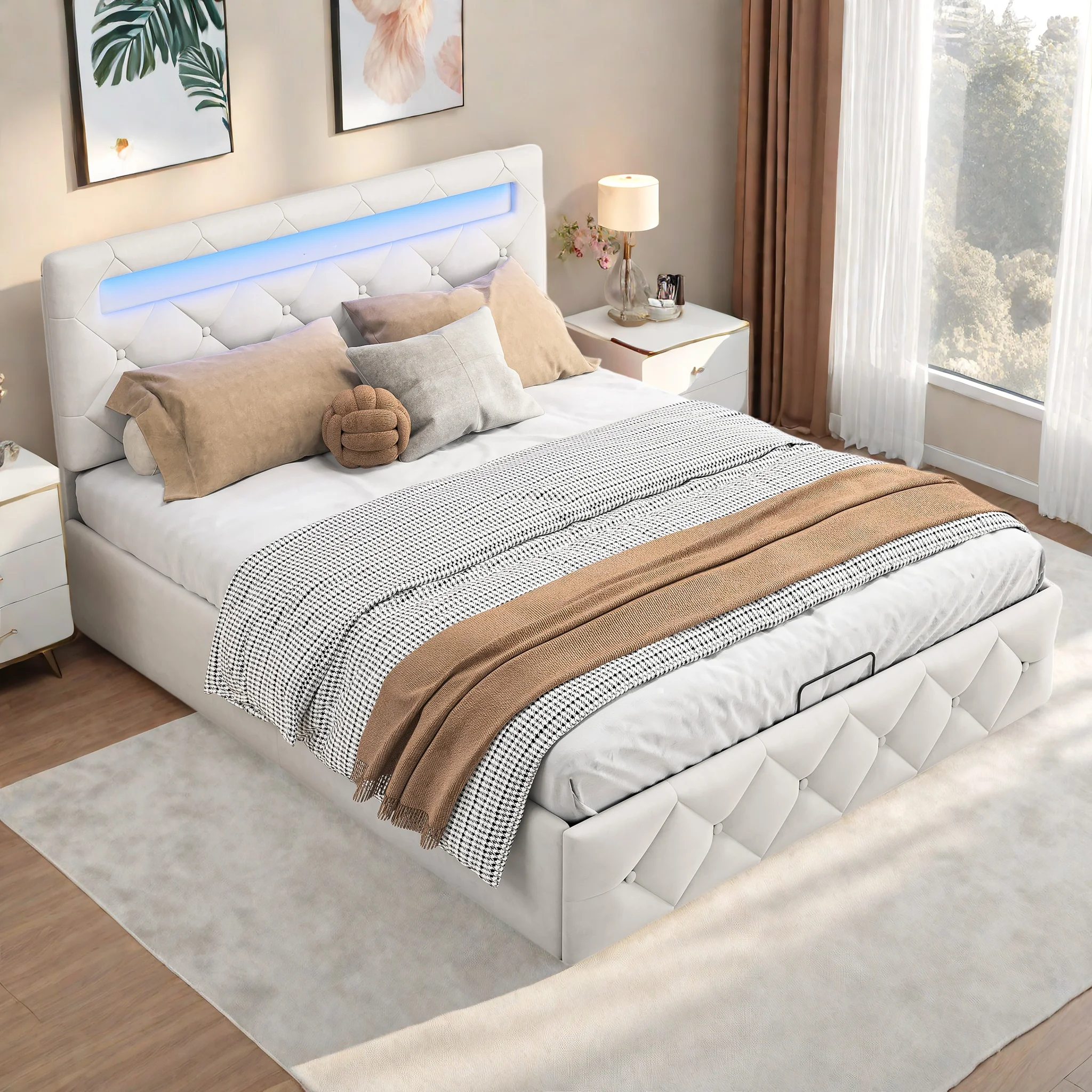 Superaly Polsterbett 140x200cm, Bettgestell mit LED-Beleuchtung, Doppelbett mit hydraulischem Stauraum, gepolstertes Bett, Samt, Aprikose Image