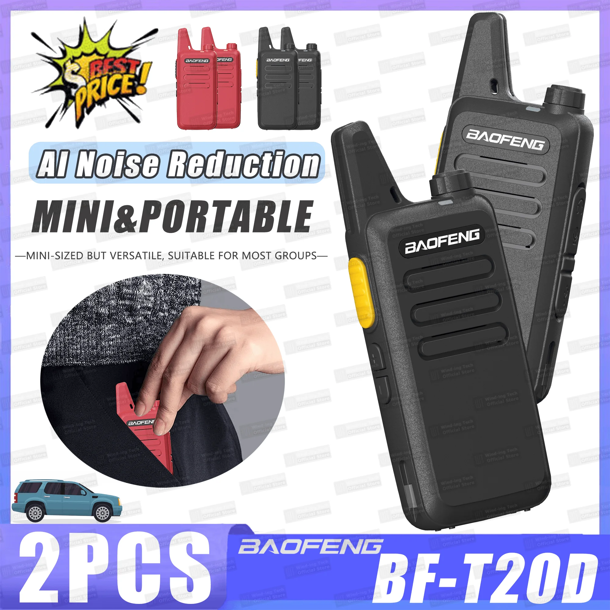 2PCS Baofeng BF-T20D Mini Tragbares Radio Rot Schwarz Upgrade AI Noise Reduction Typ-C UHF 16CH Walkie Talkie Geeignet für Team Image