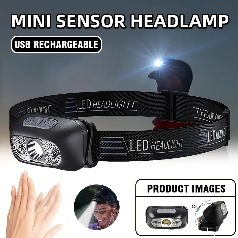 Leistungsstarker Sensor-LED-Stirnlampe mit Einstellbarer Helligkeit, USB-Aufladbar, COB-Kopflampe, Mini-Campinglampe für Angeln, Outdoor und Notfälle