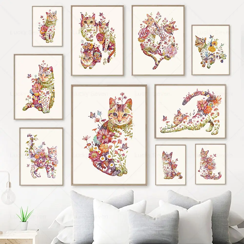 Aquarell Katze Blume Wand Kunstdruck Leinwand Malerei Abstrakte Blumen Tiere Poster Ästhetik Bilder Kinderzimmer Kinderzimmer Dekor Image
