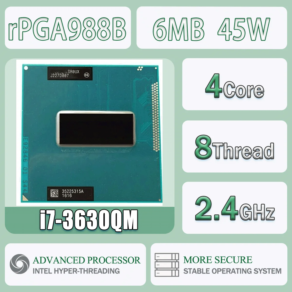 Intel Core I7-3630QM 2,4 GHz 4 Kerne 8 Threads 6M 45 W I7 3630QM Computer CPU Prozessor Server Sockel G2 / RPGA988B SR0UX