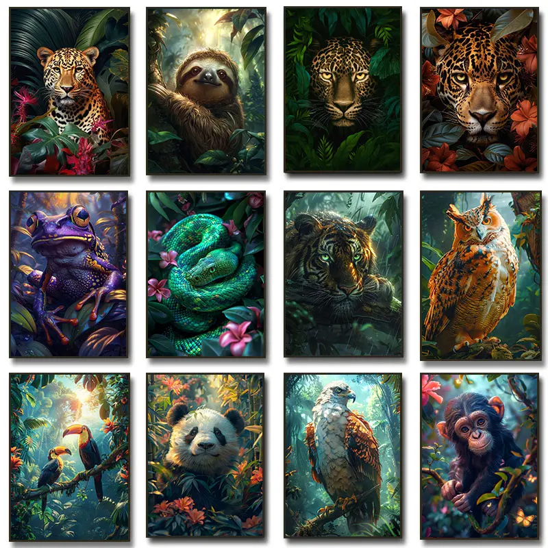 Tropische Tiere, Fantasie im grünen Dschungel, Poster, Vintage-Wald, modernes Wohnzimmer, Heimdekoration, Geschenke, Kunst, Wandgemälde auf Leinwand
