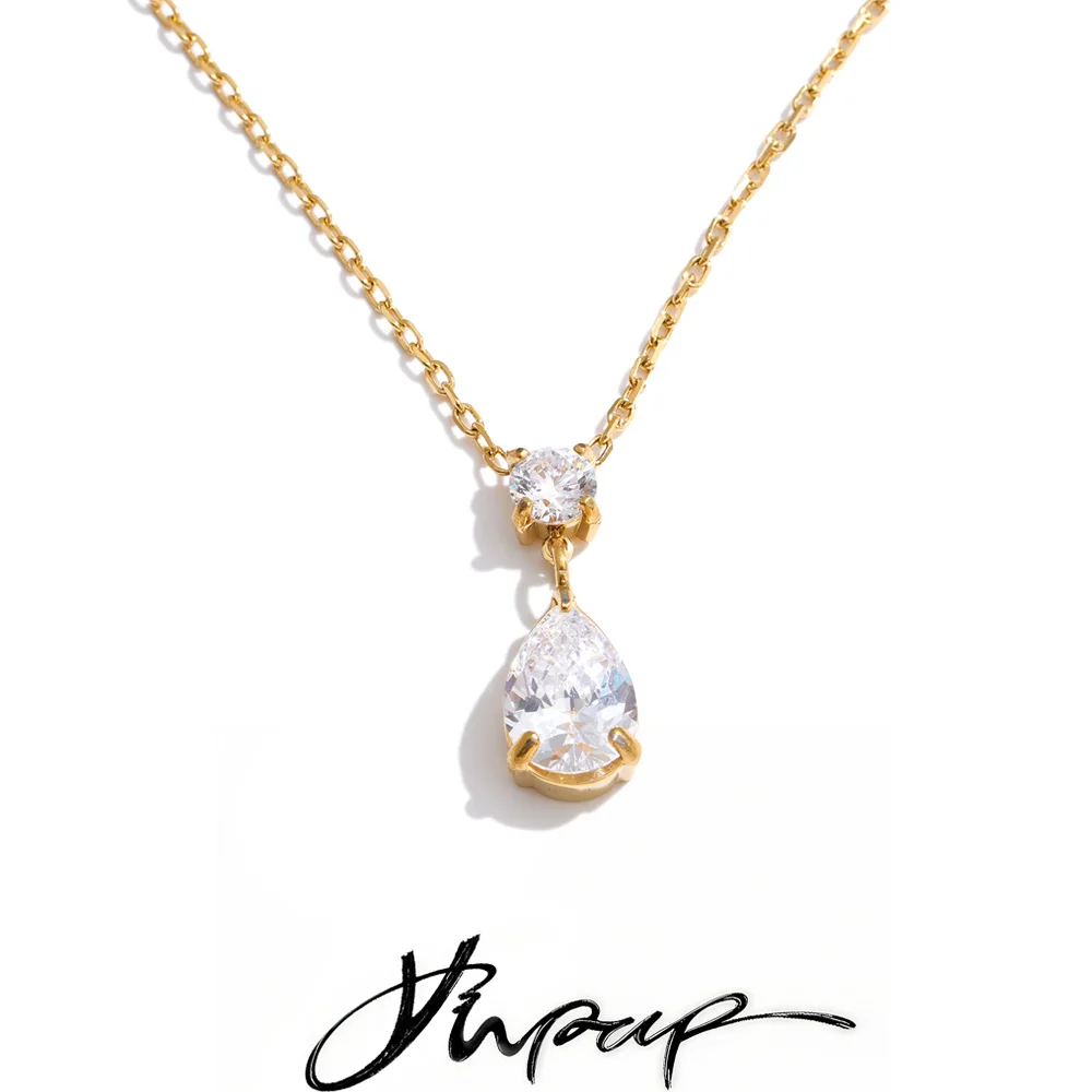 Yhpup Edelstahl-Halskette mit Wassertropfen-Anhänger aus Zirkonia, hochwertiger, glänzender Premium-Halsschmuck Image