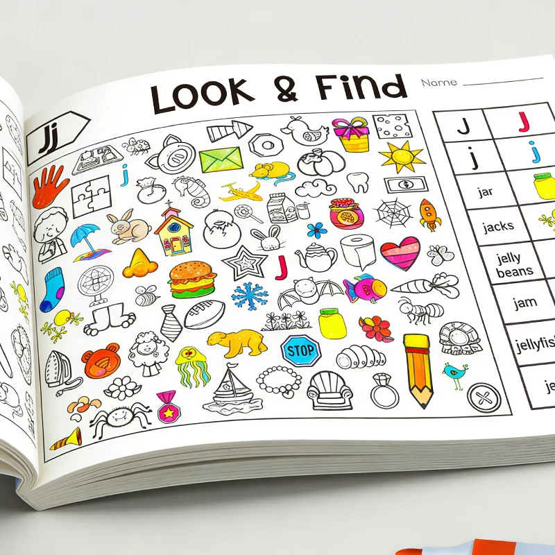 Lehrreiche Malbücher mit Suchspielen, bei denen Kinder Symbole mit echten Objekten abgleichen und auf der Seite färben, perfekt zum Entwickeln von Konzentration, Wortverbindung und Kreativität. Image