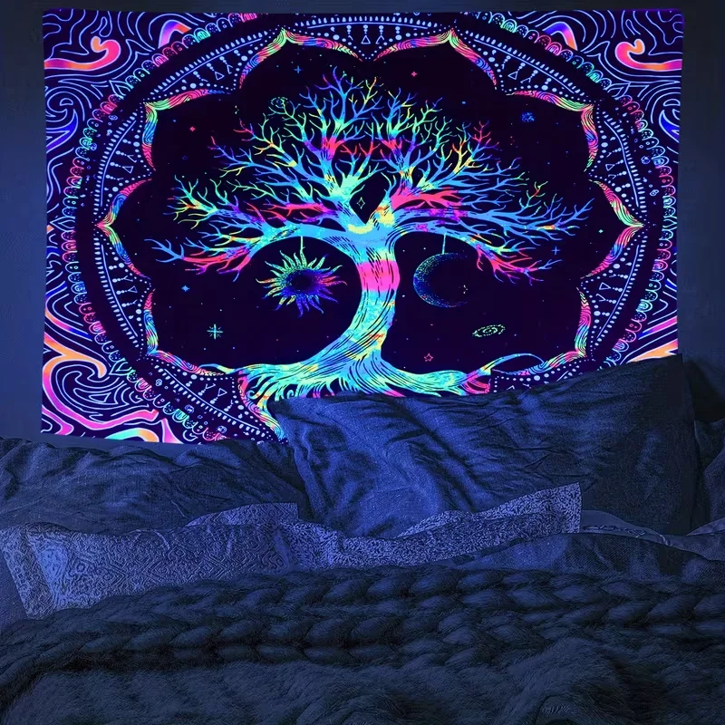 VIKAMA Baum des Lebens Schwarzlicht-Druck Wandteppich, Edler Schlafzimmer- & Meditationsraum-Hintergrund Dekorativer Wandbehang Image