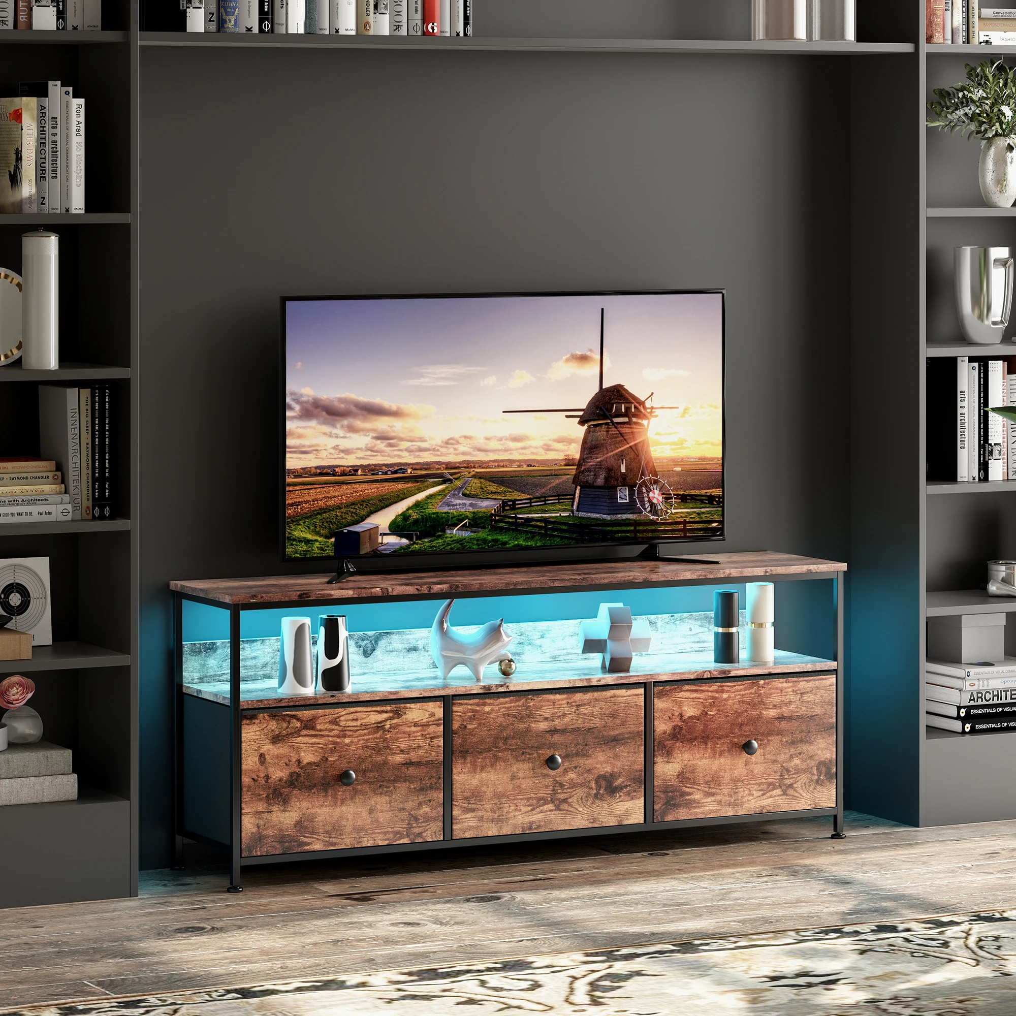 Anajqaqia TV-Schrank mit LED-Beleuchtung, Sideboard, TV-Ständer mit 3 Schubladen, 1 offenes Fach, für Wohnzimmer, Schlafzimmer, Flur