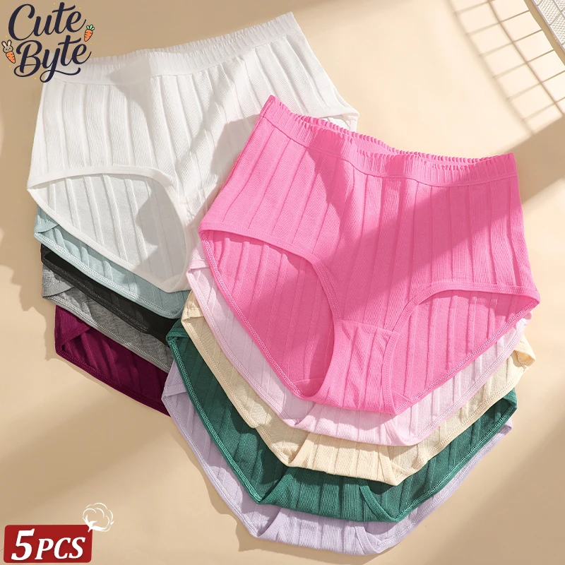 5 Stück/Set Damen Baumwoll-Slips, Damen High-Waist Gestreifte Unterhosen, Atmungsaktive Komfortable Unterwäsche, Übergröße, Mehrfarbige Lingerie Image