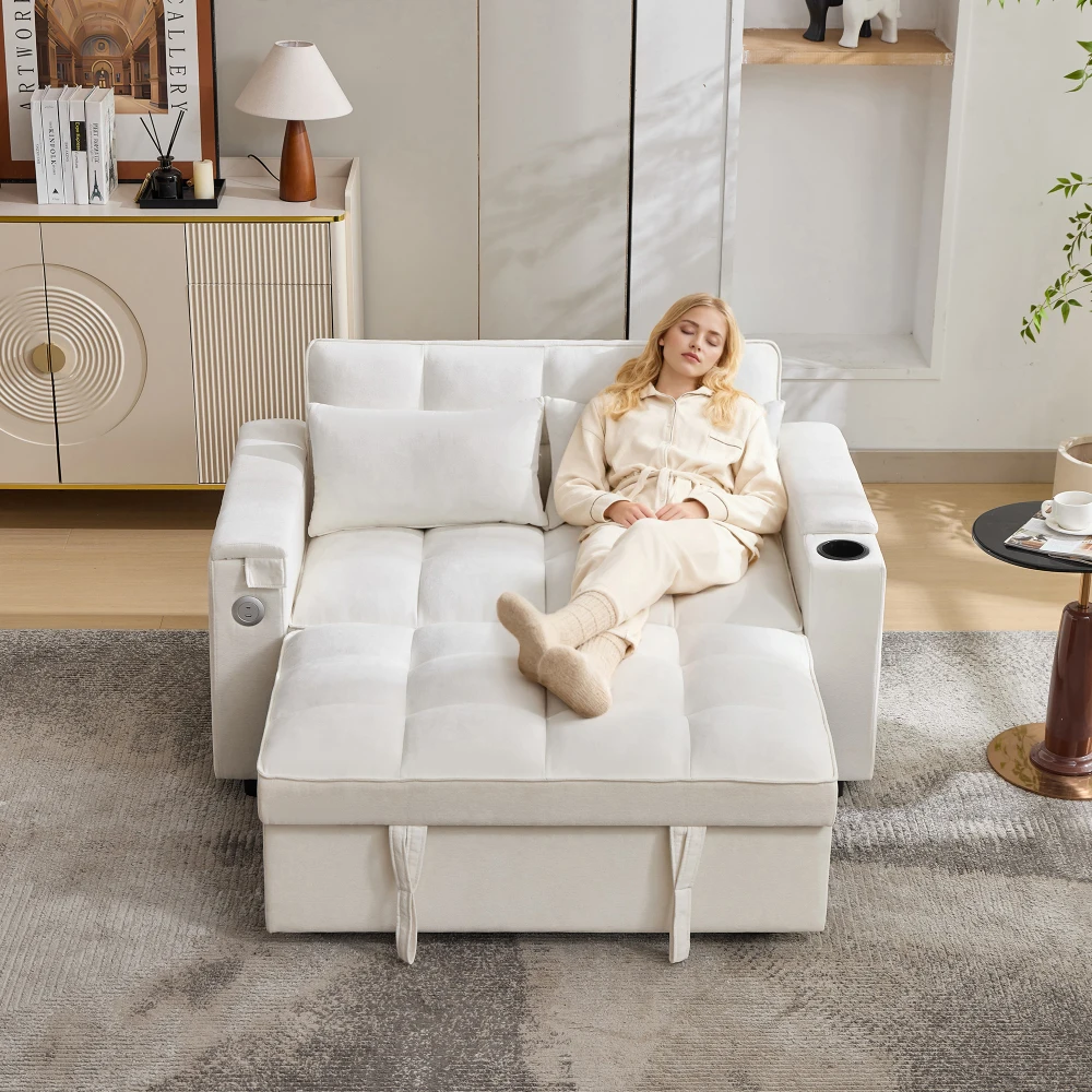 3-in-1 Konvertierbares Ausziehbares Schlafsofa, Modernes Klappbares Tagesbett-Loungesofa mit Verstellbarer Rückenlehne, USB-Ladeanschluss, Verstecktem Tisch Image