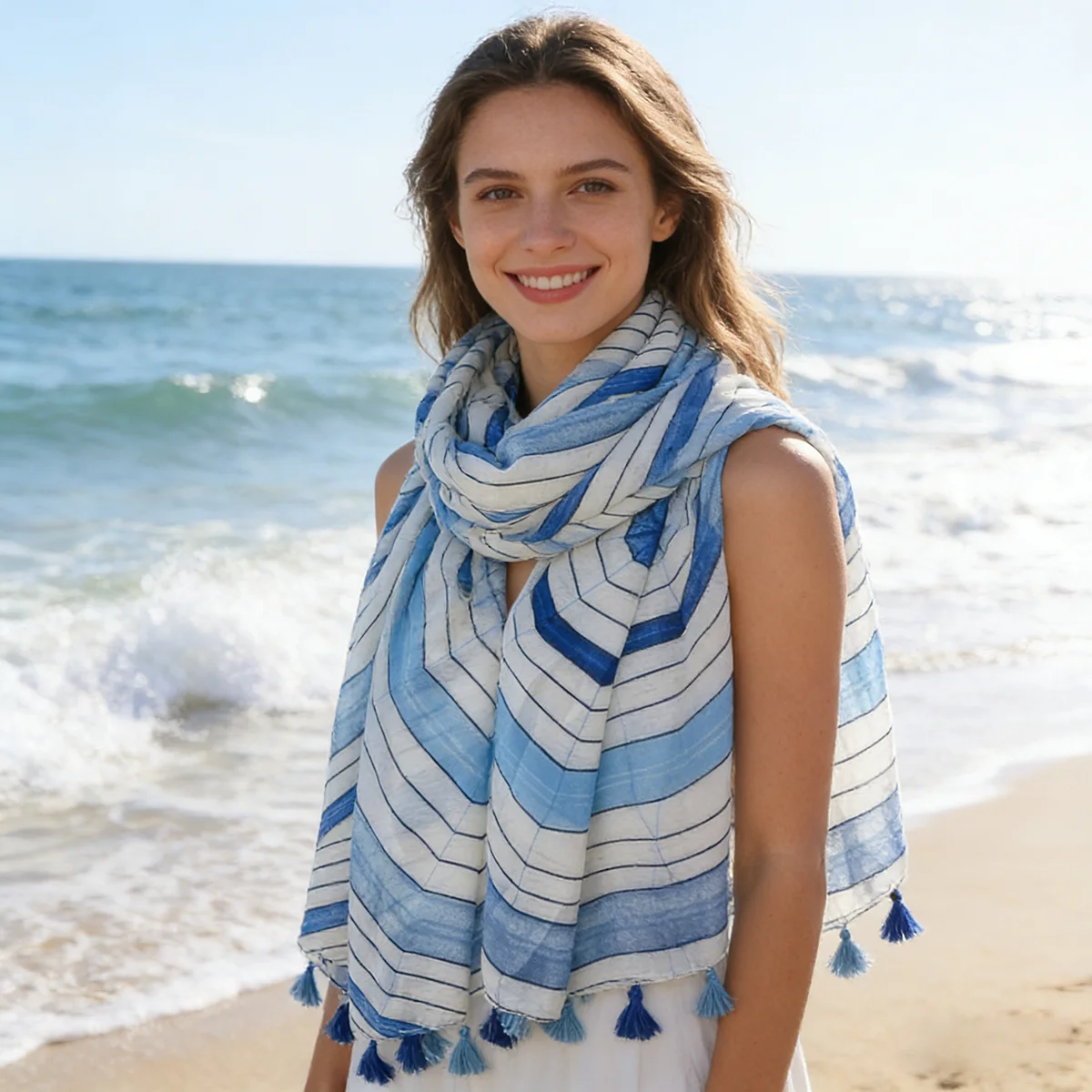 Damen Blau-Weißer Geometrischer Schal, Leichter Polyester Halstuch, 88x180cm Quastenschal, Ideal für Alltag & Urlaub Image