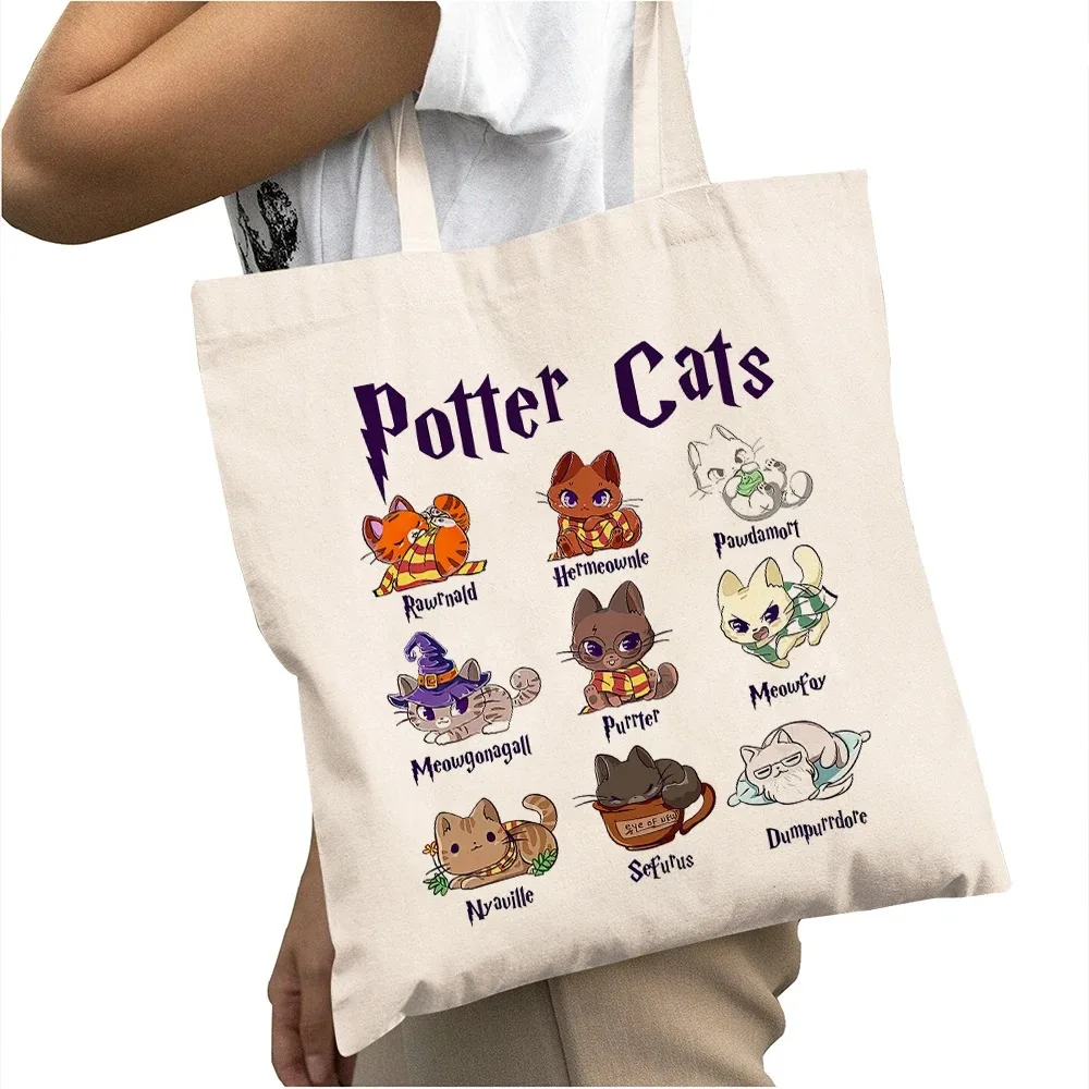 Casual Cartoon Potter Katzen Frauen Einkaufstaschen Doppel Druck Casual Mädchen Tote Handtasche Große Kapazität Dame Shopper Tasche