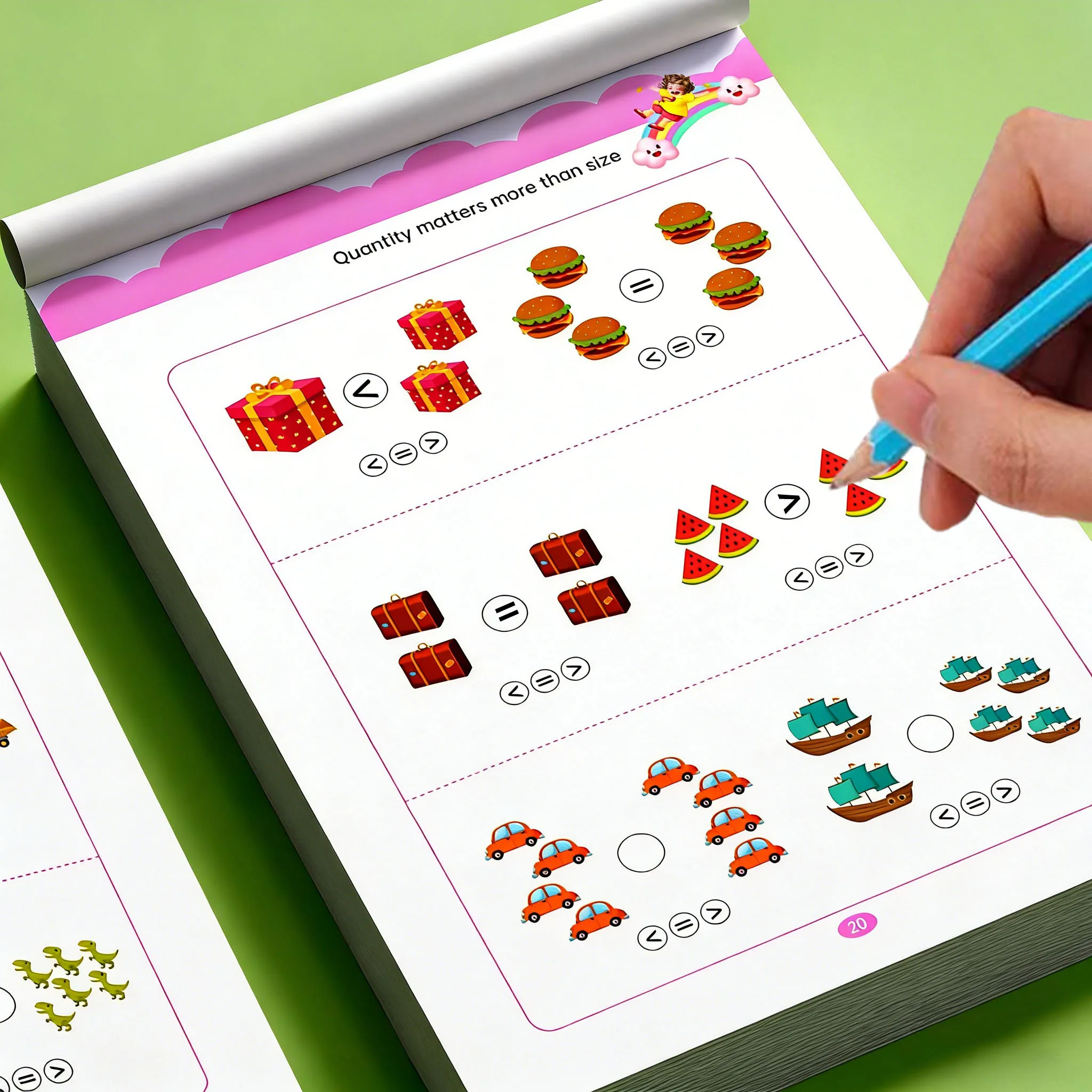 32-seitiges Zahlenvergleich-Mathe-Arbeitsbuch, Vorschul-Aktivitätsbuch zum Vergleich von Zahlen und Mengen für Kinder Image