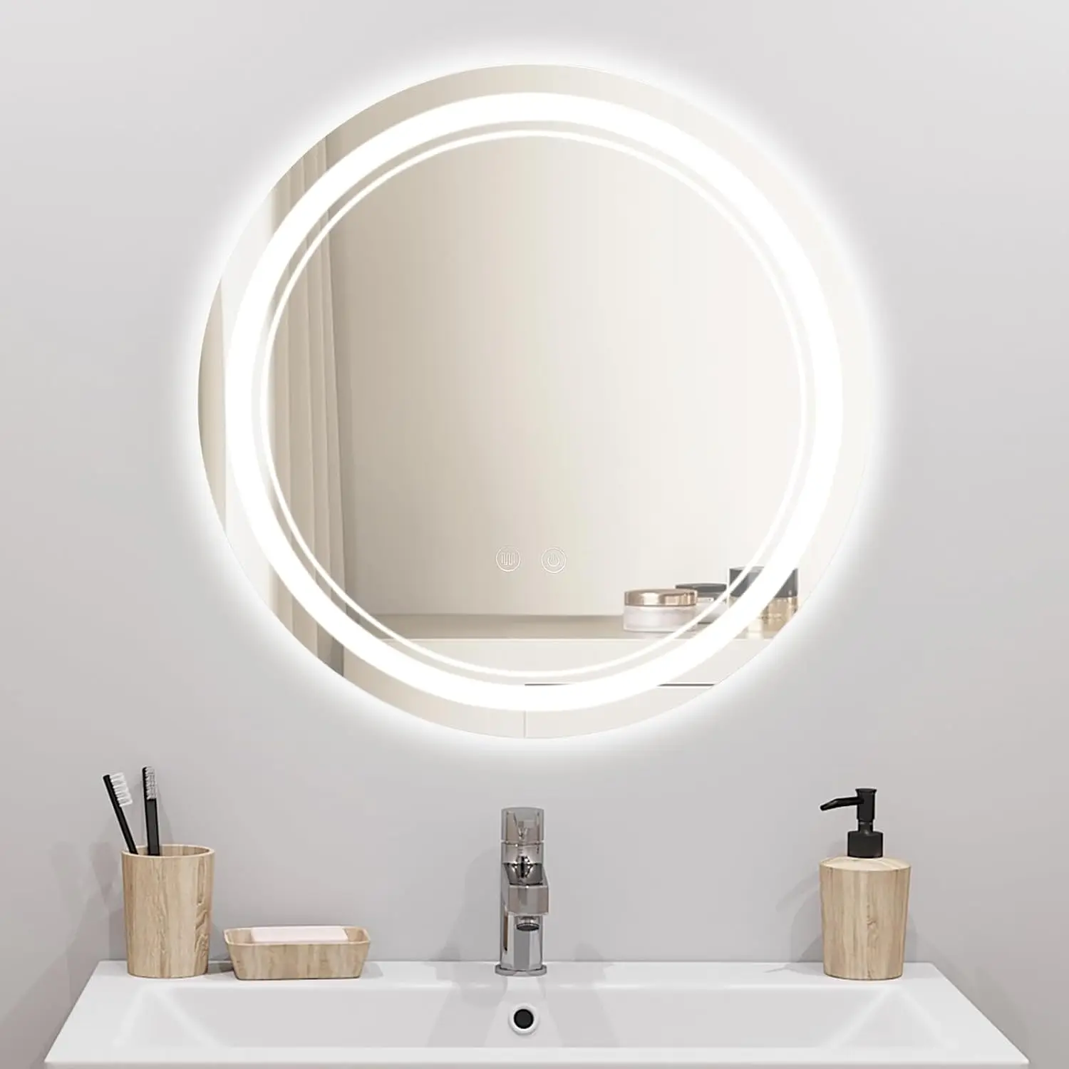 50 X 50 Cm Badezimmerspiegel, Rund LED mit Touch-Schalter, 3000K-6000K, Dimmbar, 3 Lichtfarben, Antibeschlag für Badezimmer, Hotel