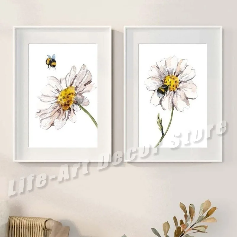 Daisy and Bee Poster Drucke Daisy Floral Leinwand Malerei Aquarell Blume Wand Kunst Bild für Wohnzimmer Home Decor Geschenk
