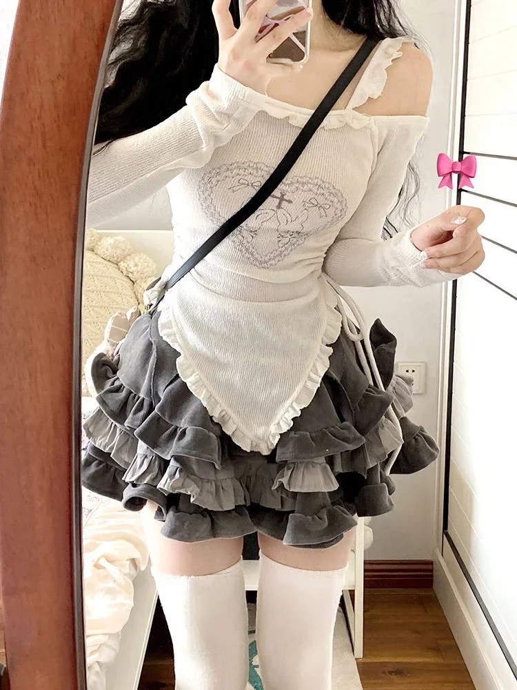 Strickanzüge im japanischen Stil, Kawaii Vintage, 2-teiliges Röcke-Set für Damen, Vintage-Druck, Y2k-Crop-Tops, Bluse + Miniröcke, koreanischer Chic
