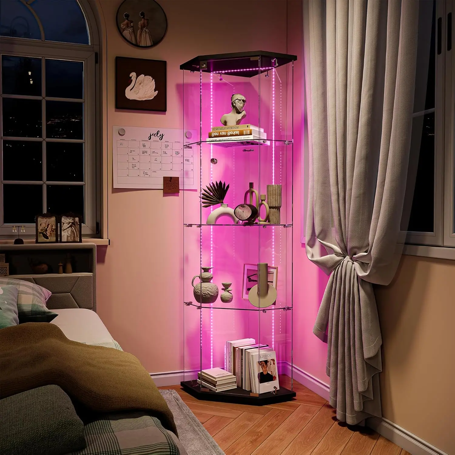 Rosahqnda LED-Eckvitrine mit Glastüren, 162 cm Eck-Bücherregal mit 6-Farben-LED-Beleuchtung, Vitrine mit 4 Ebenen Image