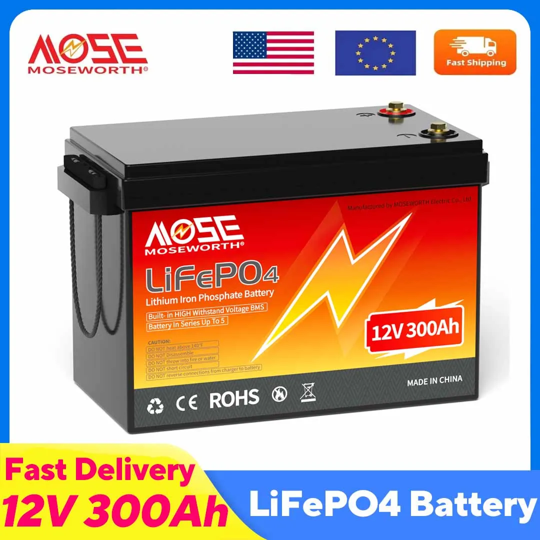 MOSEWORTH 12V 300Ah LiFePO4-Batterie Lithium-Eisenphosphat-Batterie mit 200A BMS 8000+ Zyklen für Wohnmobile, Wohnmobile, Golfwagen, Geländewagen Image