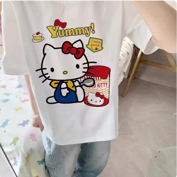 Sanrio 2026 Summer Comic Form Hello Kitty Image 100 % Baumwolle bedrucktes Freizeit-T-Shirt für Erwachsene und Kinder, Eltern-Kind-Oberteil, Homewear, Y2k.