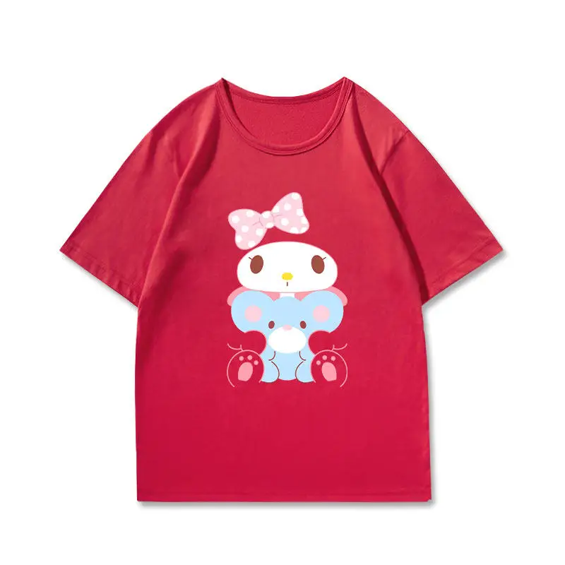 Rotes Sanrio Kinder-T-Shirt Jade Guigou Melody Pudding Dog Katie Cat Bedrucktes Eltern-Kind-Kleidungsstück aus reiner Baumwolle Sommer-T-Shirt Image