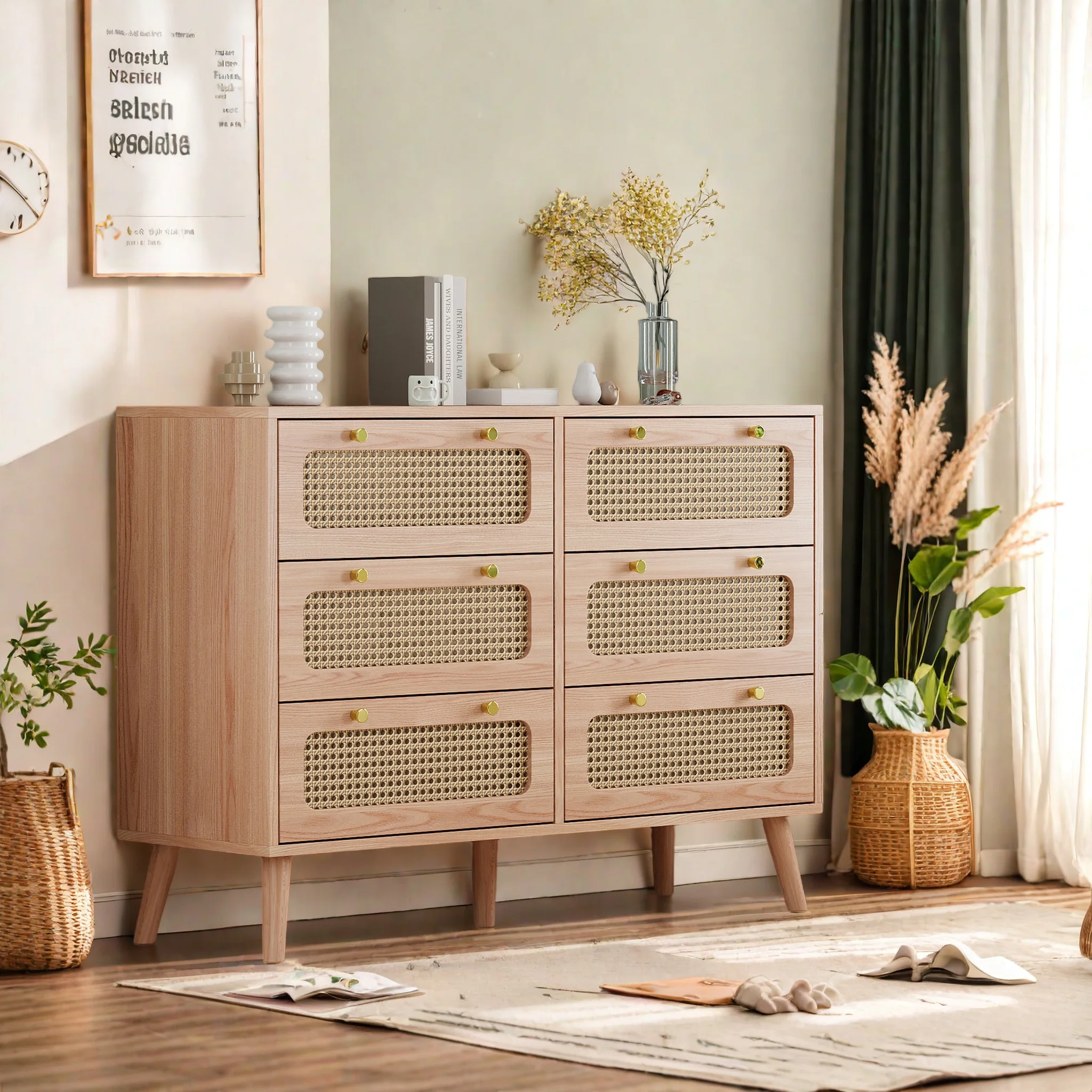 Comanlia Schubladenschrank, Beistelltisch mit 6 Schubladen aus Rattan, Dekorierte Schubladen, Beistelltisch mit Stauraum Image