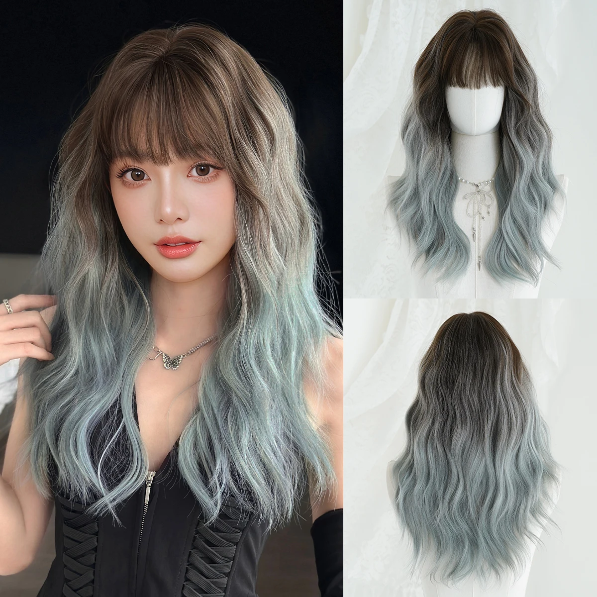 7JHH WIGS Schulterlange Wasserwellen-Perücke in Braun-Ombre-Blau für Damen, Synthetische Modische Perücke zum Sofortigen Tragen mit Gepflegtem Pony Image