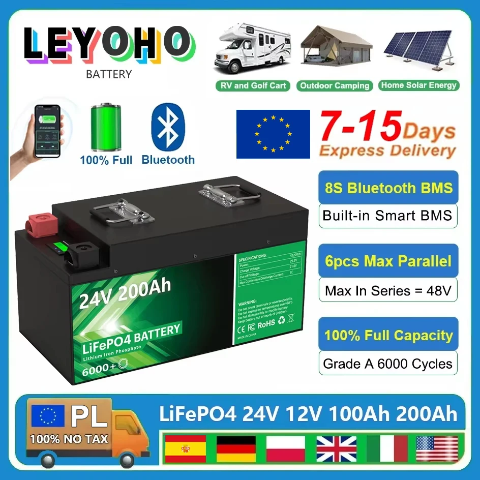 LiFePO4 24V 200Ah 5,12Kwh Akku 8S Bluetooth BMS 6000+ Zyklen 25,6V 100Ah 300Ah 340Ah Home Solar Lithium Akku EU LAGER Image