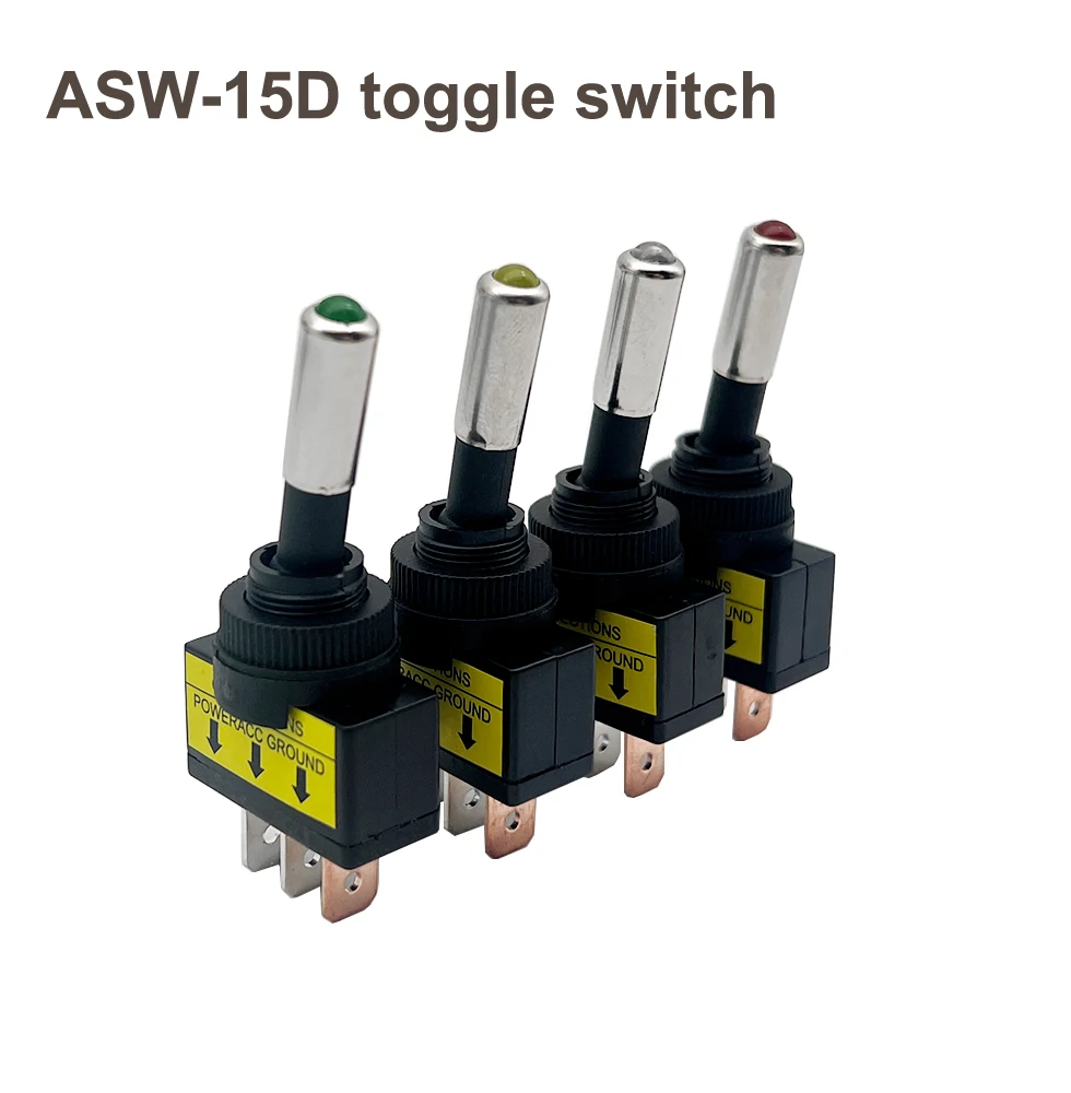 1/4PCS 12mm ASW-15D 20A Toggle Switch ON OFF 12V 24V DC Red Green Blue Yellow LED Illuminated Car Auto Rocker Switch 3pin SPST