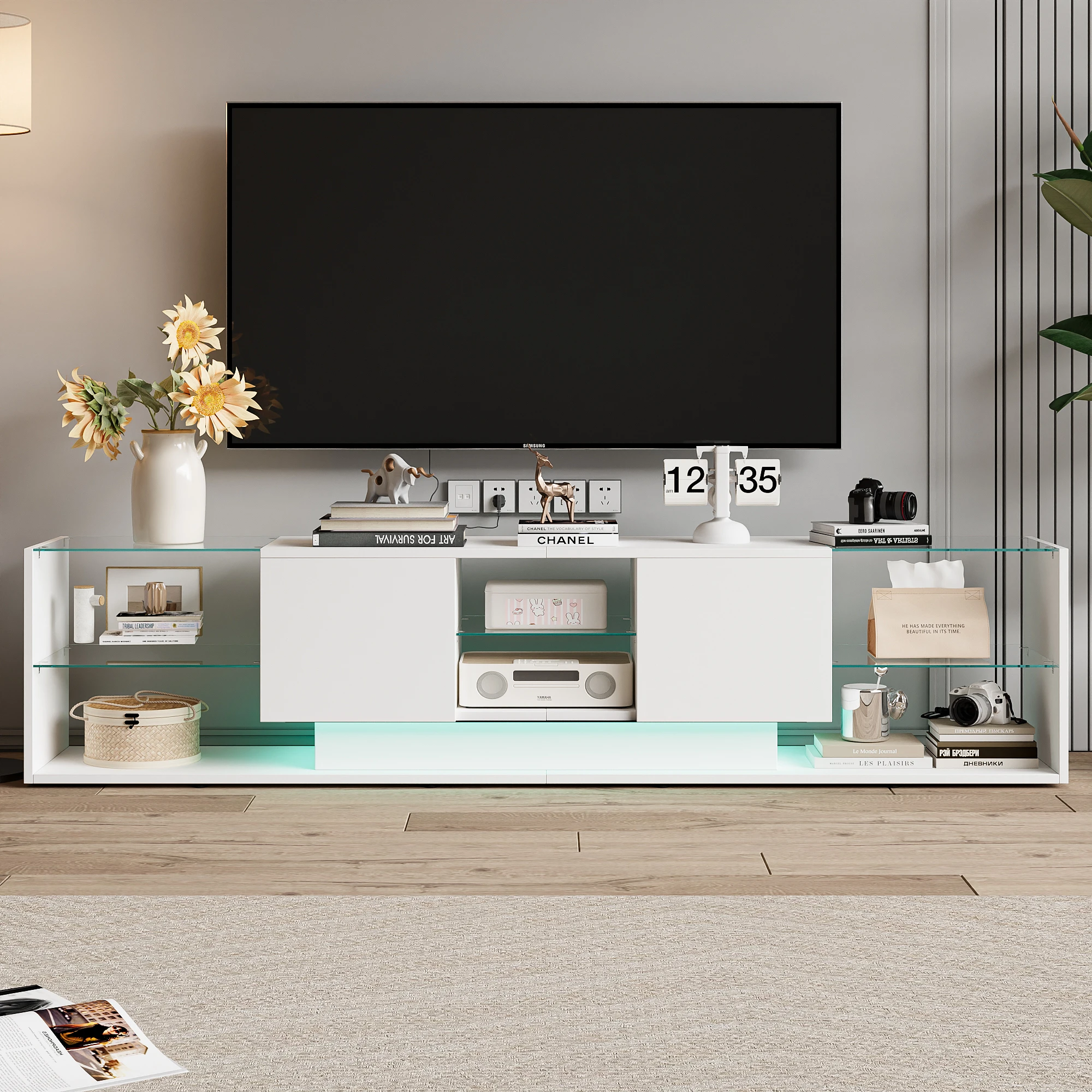 Meuble TV LED Anajqaqia 200 cm, meuble TV moderne en bois, meuble TV avec 2 tiroirs et espace de rangement ouvert, pour salon, blanc