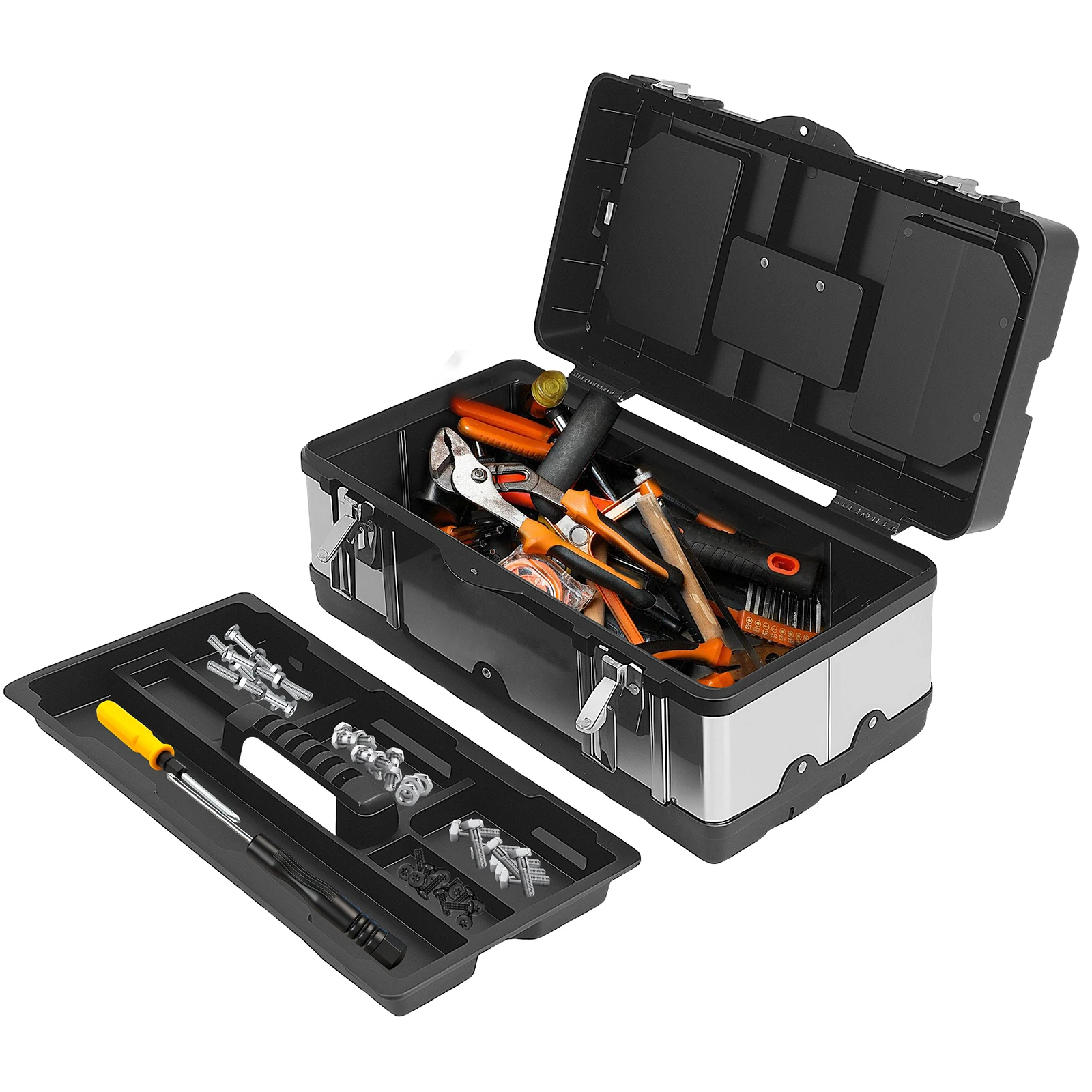 Boîte à outils en acier inoxydable, valise vide, grande boîte à outils avec plateau amovible, boîte de rangement pour outils, boîte à outils portable