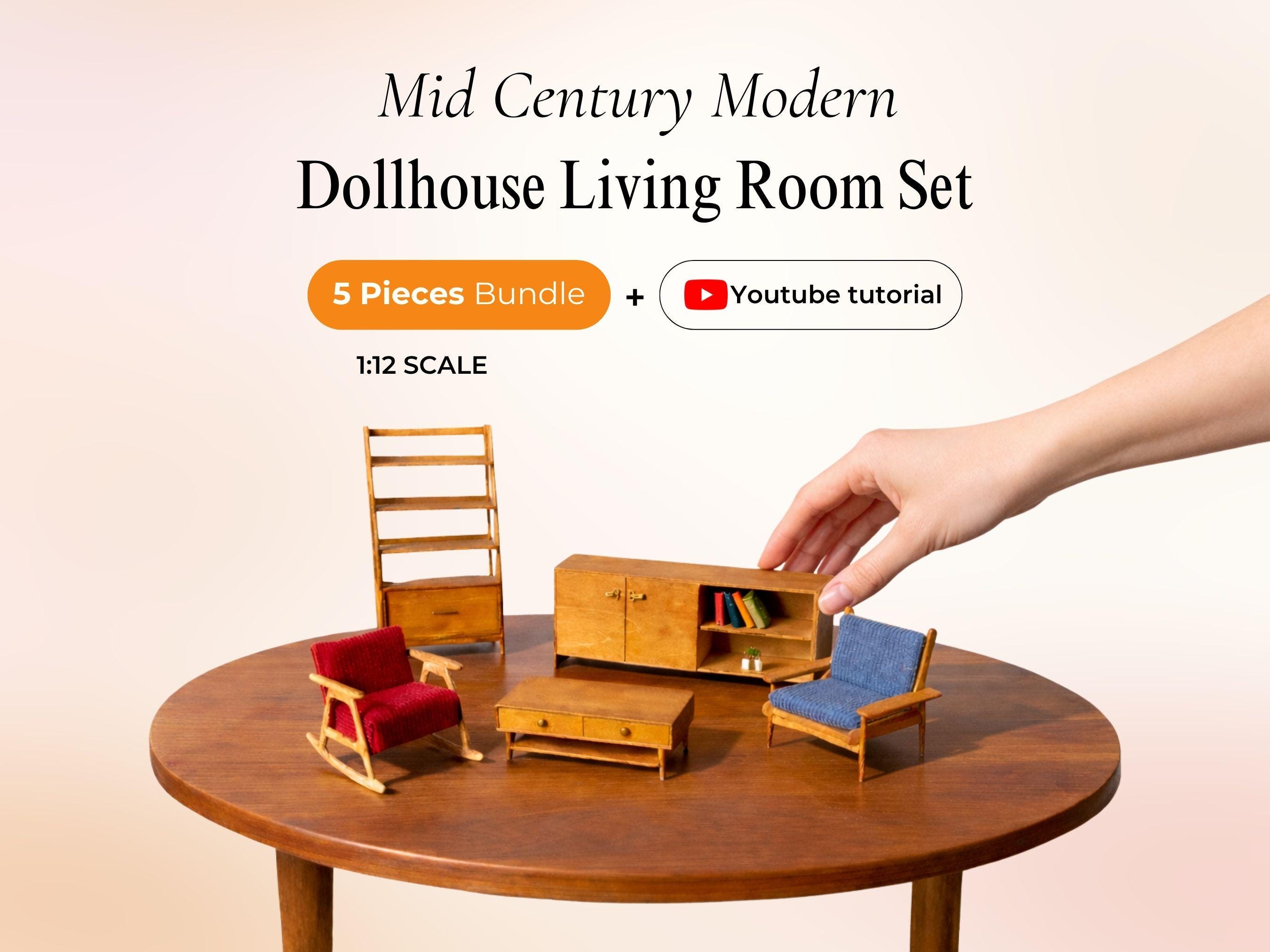 Set di mobili in miniatura per casa delle bambole in stile Mid-Century Modern in scala 1:12, set da soggiorno Mid-Century da 5 pezzi, file PDF e SVG p