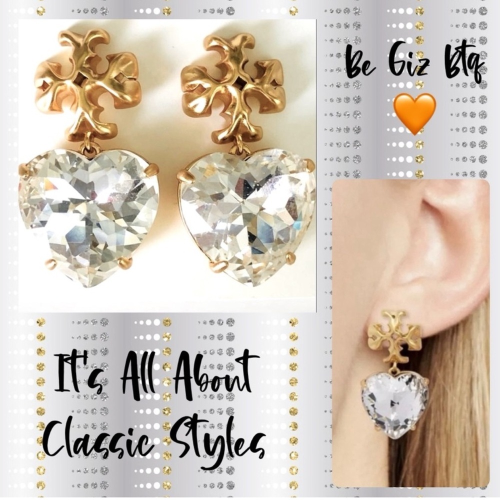 Tory Burch Jewelry | Tory Burch Authentic Roxanne Crystal Clear Heart Drop Earrings | Color: Gold/White | Size: Os