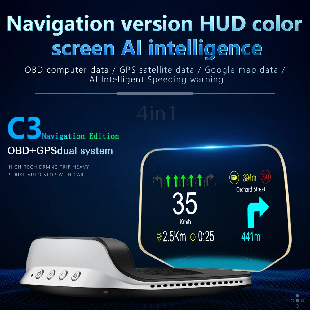 HUD Auto C3 OBD GPS Display Head-Up HD Intelligente con Proiettore per Parabrezza, Tachimetro OBD2, Computer di Bordo e Allarme di Sicurezza