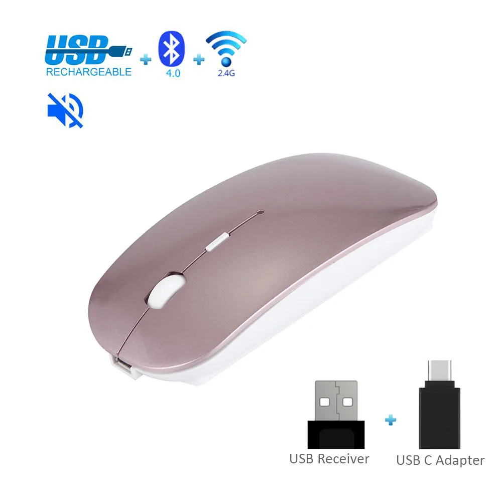 Mouse wireless Mouse Bluetooth Muto Ricarica 10 m Mouse ergonomico Notebook Mouse USB piatto ultra sottile Mouse 4.0 + 2.4G + mouse tipo C Nero