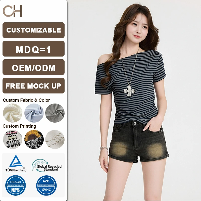 T-shirt a maniche corte con scollo a barca a righe color block retrò nuova collezione Primavera/Estate 2026 top versatile sexy slim fit da donna