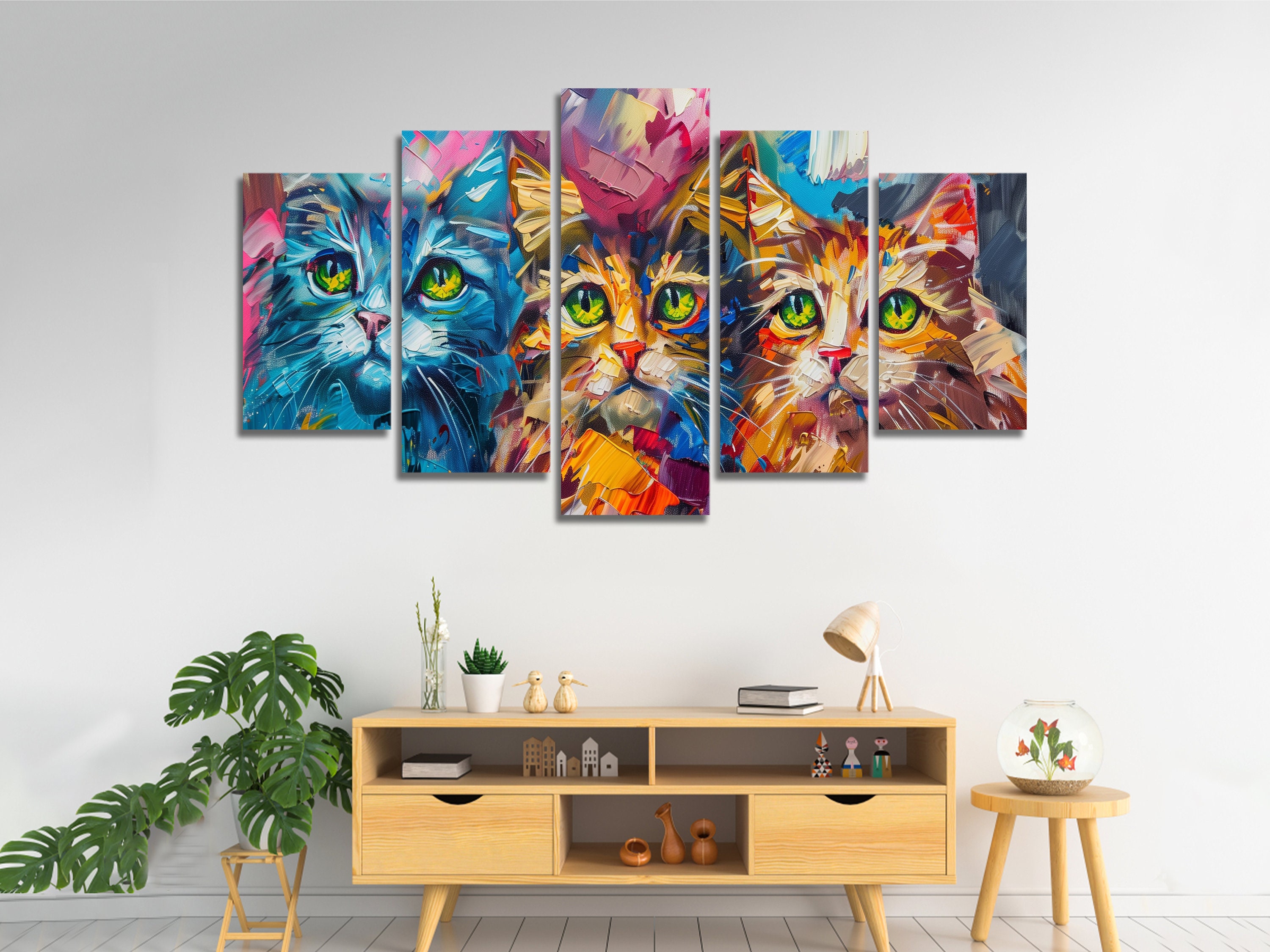 Gattini colorati Multi Canvas Wall Art, Grande Canvas Wall Art con cornice, Extra Large Canvas Wall Art con cornice, 3 4 5 pezzi Canvas Wall Art