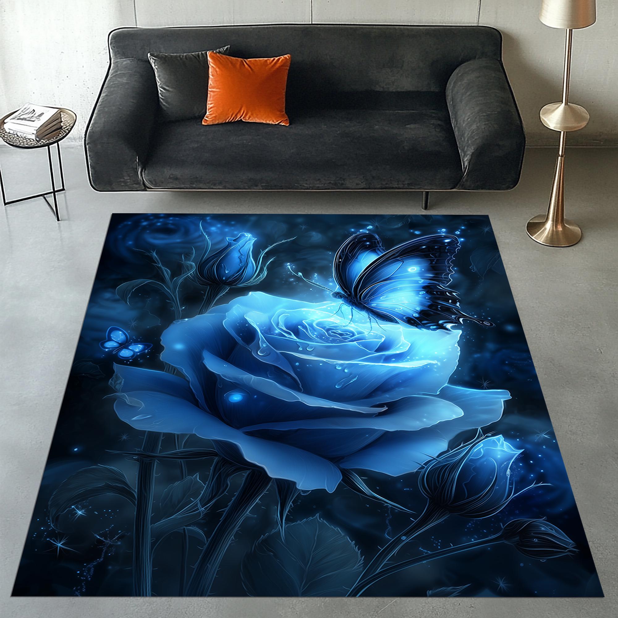 Tappeto Rosa Blu, Tappeto Natura Incantata, Tappeto Giardino Magico, Tappeto Floreale Vibrante, Tappeto Farfalla, Tappeto Rosa Blu Incantata, Tappeto