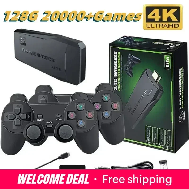 Stick de jeu vidéo 4K, 2,4G, deux manettes sans fil, plus de 20000 jeux rétro, 32/64/128 Go pour console de jeu PS1/GBA, cadeau de Noël