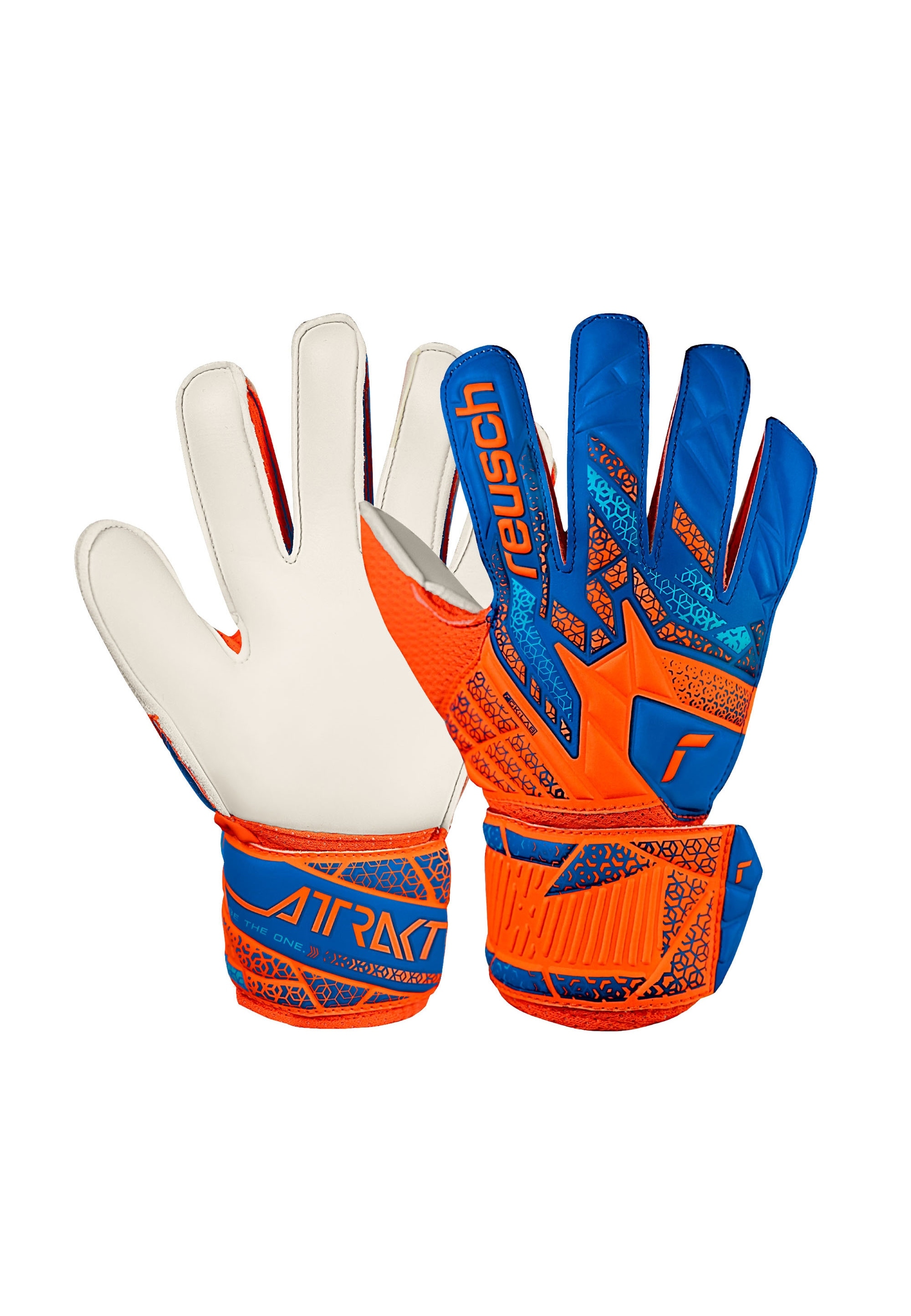Torwarthandschuhe REUSCH "Attrakt Solid Junior", Kinder, Gr. 6, orange (orange, blau), 29% Polyester, 5% Polyurethan, 1% Baumwolle, mehrfarbig, Handschuhe, mit Expanse Cut Image